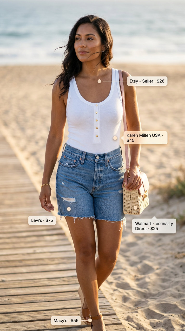 Coastal Breeze Bodysuit Look 2026 Effortless white ribbed bodysuit with denim shorts & espadrilles for beach days. What to wear with bodysuit summer 2026.