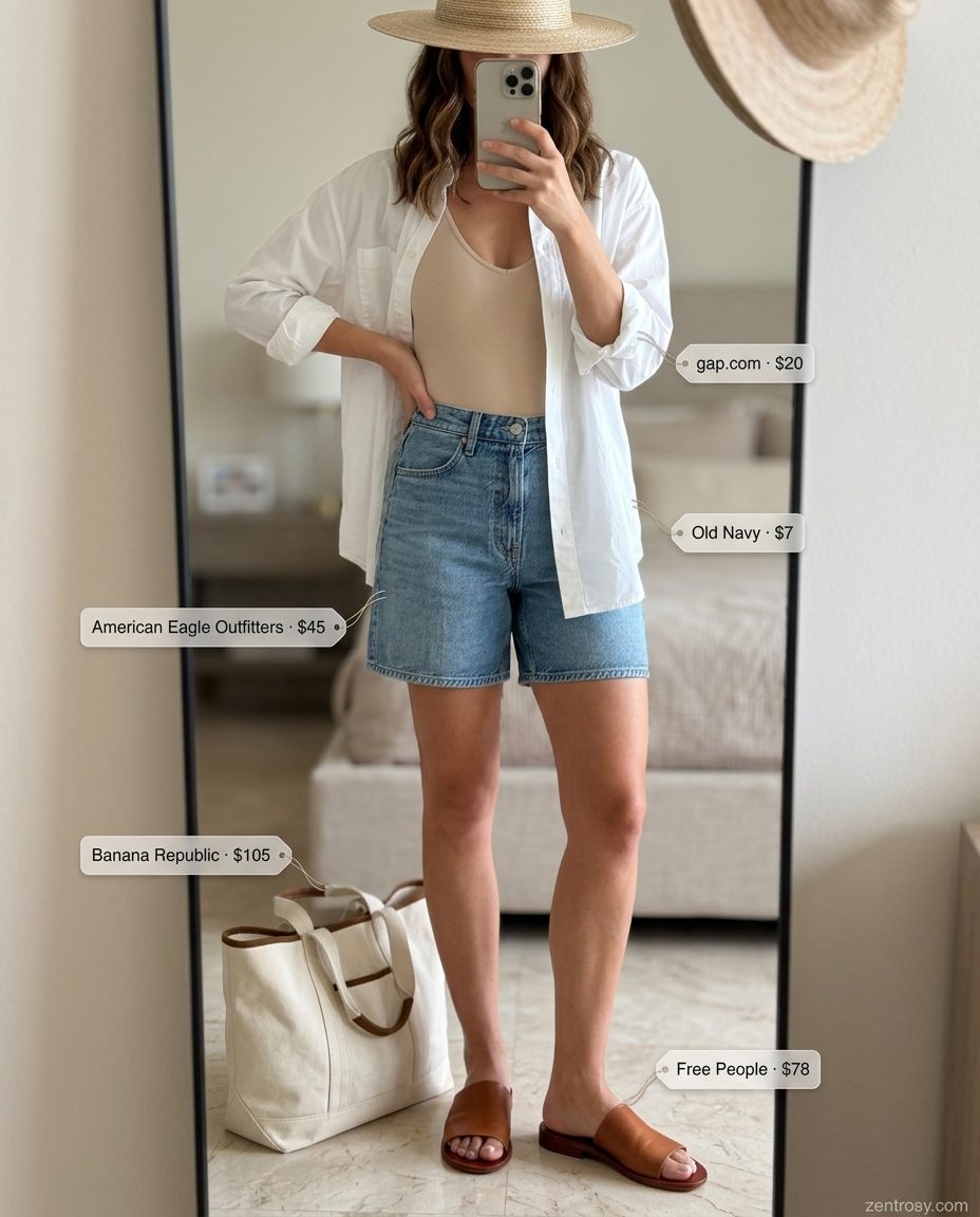 What to Wear with Bodysuit Summer 2026: Denim Shorts Casual Denim shorts & oversized white shirt outfit with bodysuit for summer 2026 casual.