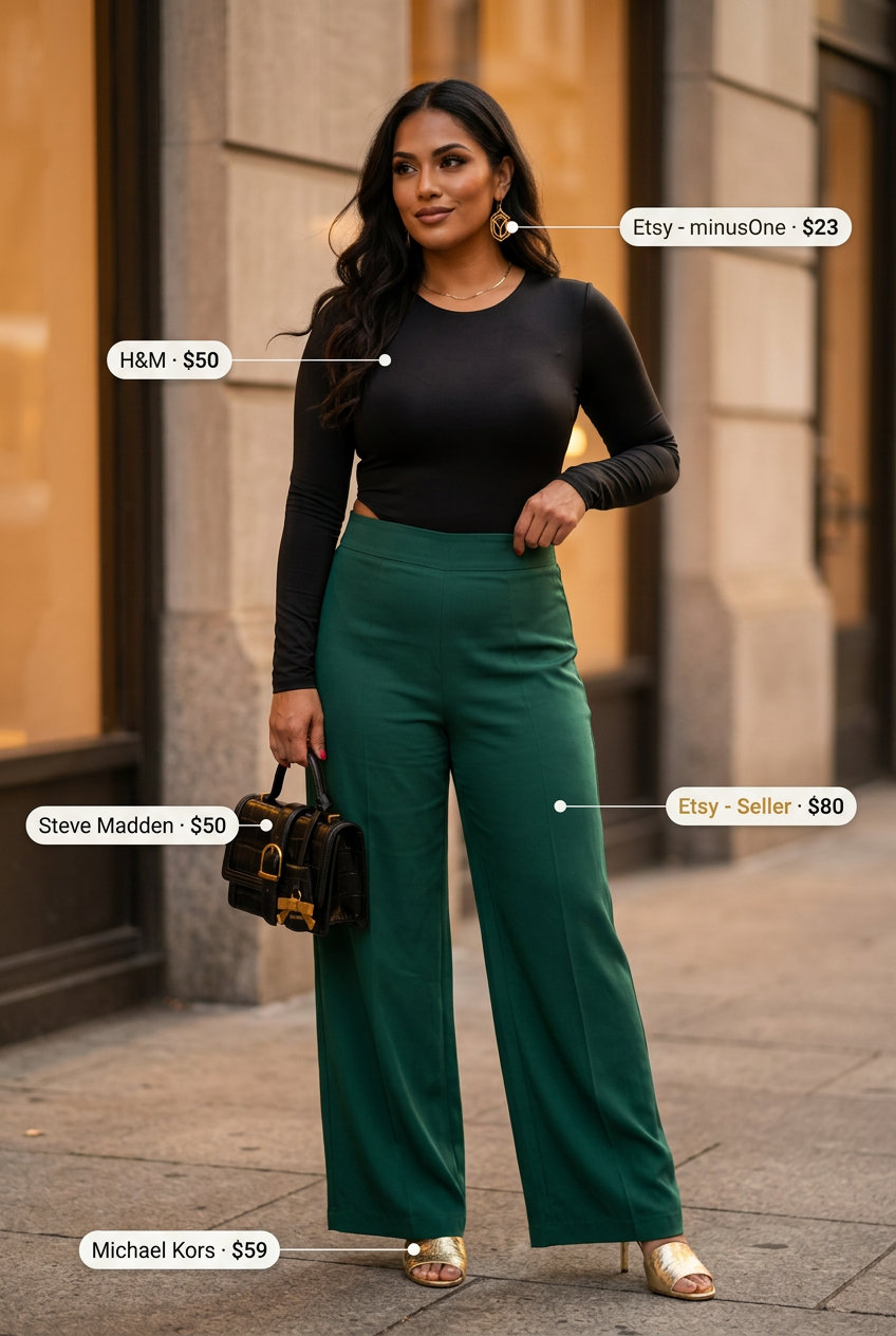 What to Wear with Bodysuit Summer 2026: Evening Elegance Elegant black bodysuit with emerald green palazzo pants for summer 2026 evening wear.