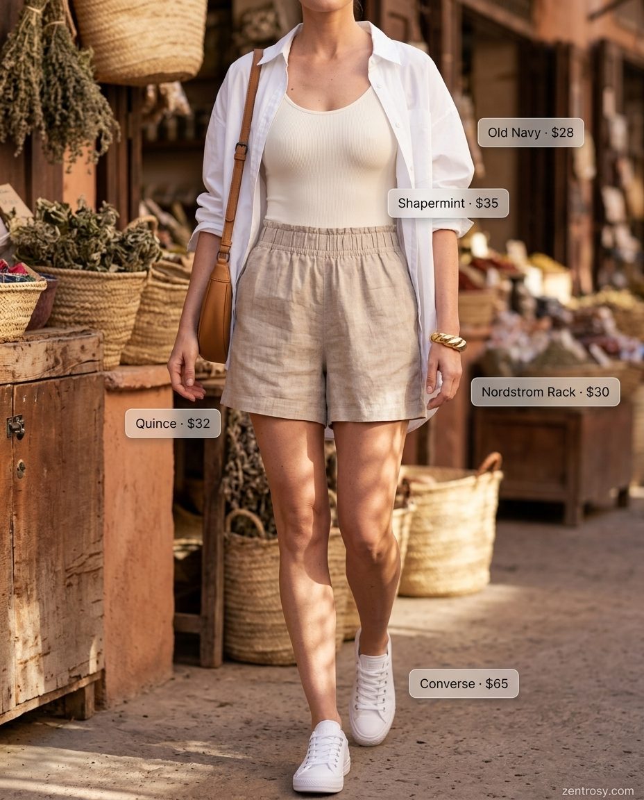 What to Wear with Bodysuit Summer 2026: Linen Shorts Outfit Linen shorts & oversized shirt outfit with bodysuit for summer 2026. White shirt, beige shorts, sneakers.