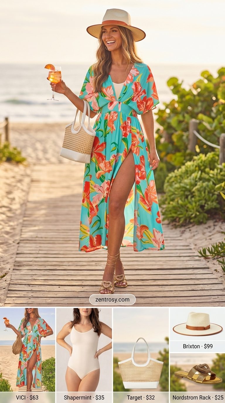 Resort Wear Maxi Caftan 2026 Bohemian teal & coral maxi caftan dress with straw hat & sandals for resort wear. What to wear with bodysuit summer 2026.