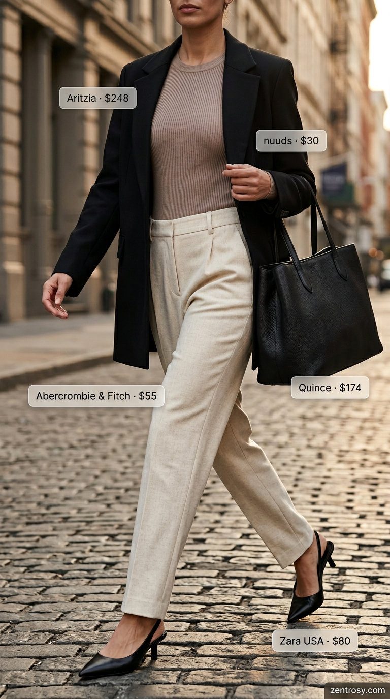 What to Wear with Bodysuit Summer 2026: Modern Minimalist Minimalist black blazer, taupe bodysuit, and cream trousers for summer 2026 smart casual.