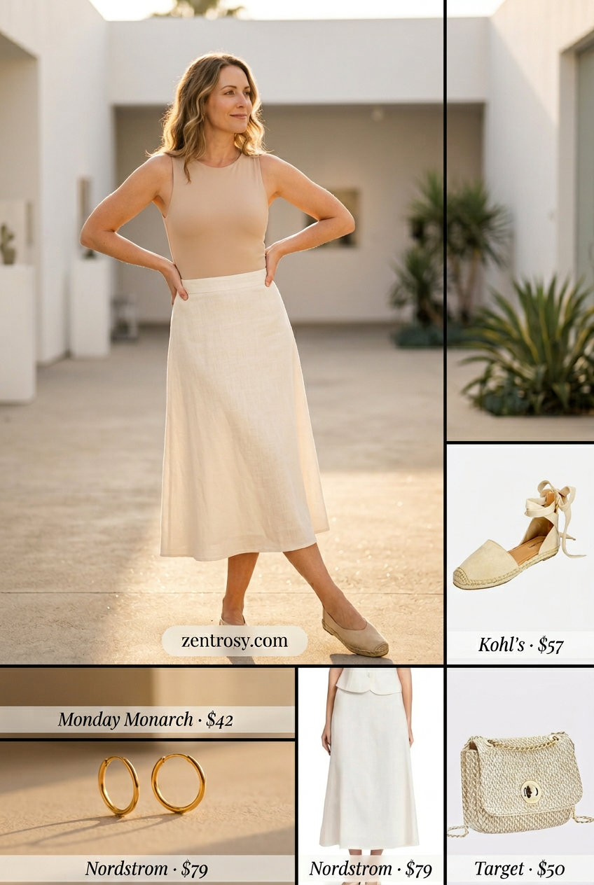 Monochromatic Bodysuit Outfit 2026: Chic Summer Style Monochromatic chic outfit: white V-neck bodysuit, beige A-line midi skirt, gold hoops, straw bag, espadrilles. What to wear with bodysuit summer 2026.