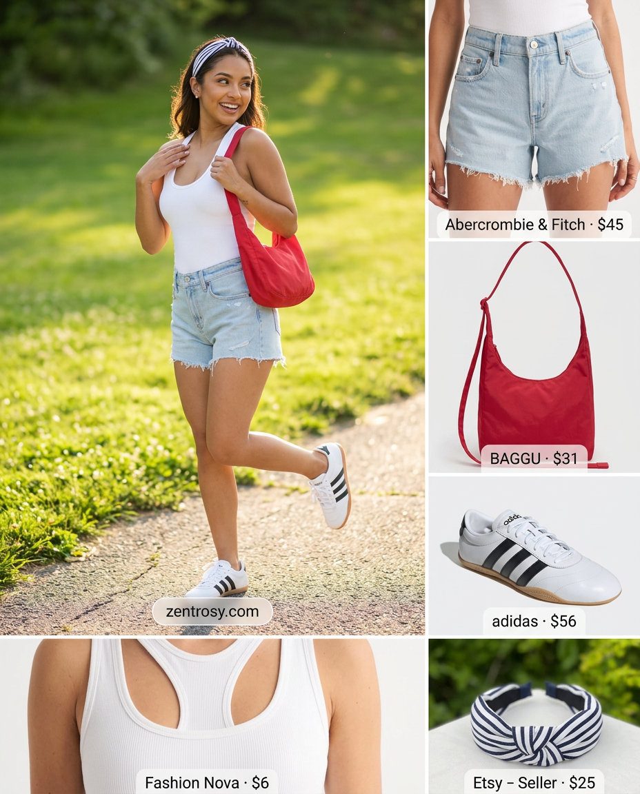 Sporty Bodysuit Outfit 2026: Energetic Style Sporty outfit: navy athletic bodysuit, light blue denim shorts, white sneakers, red crossbody bag, striped headband. What to wear with bodysuit summer 2026.