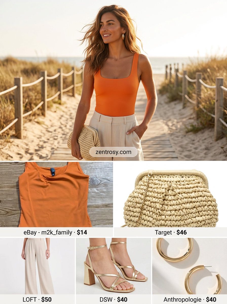 What to Wear with Bodysuit Summer 2026: Sunset Cruise Chic Vibrant orange bodysuit with white palazzo pants for a chic summer 2026 sunset cruise.