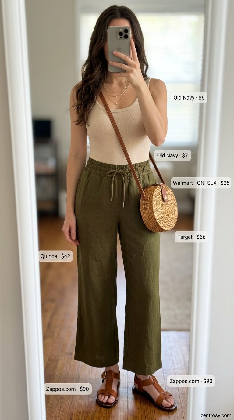 Linen Pants Outfit 2026: Relaxed Summer Style Relaxed outfit: sage green linen pants, cream tank top, layered gold necklace, straw bag, leather sandals. What to wear with bodysuit summer 2026.