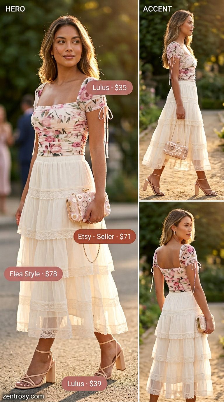 Romantic Bodysuit Outfit 2026: Dreamy Evening Style Romantic outfit: blush pink floral bodysuit, ivory tiered midi skirt, gold pearl earrings, nude heels, floral clutch. What to wear with bodysuit summer 2026.
