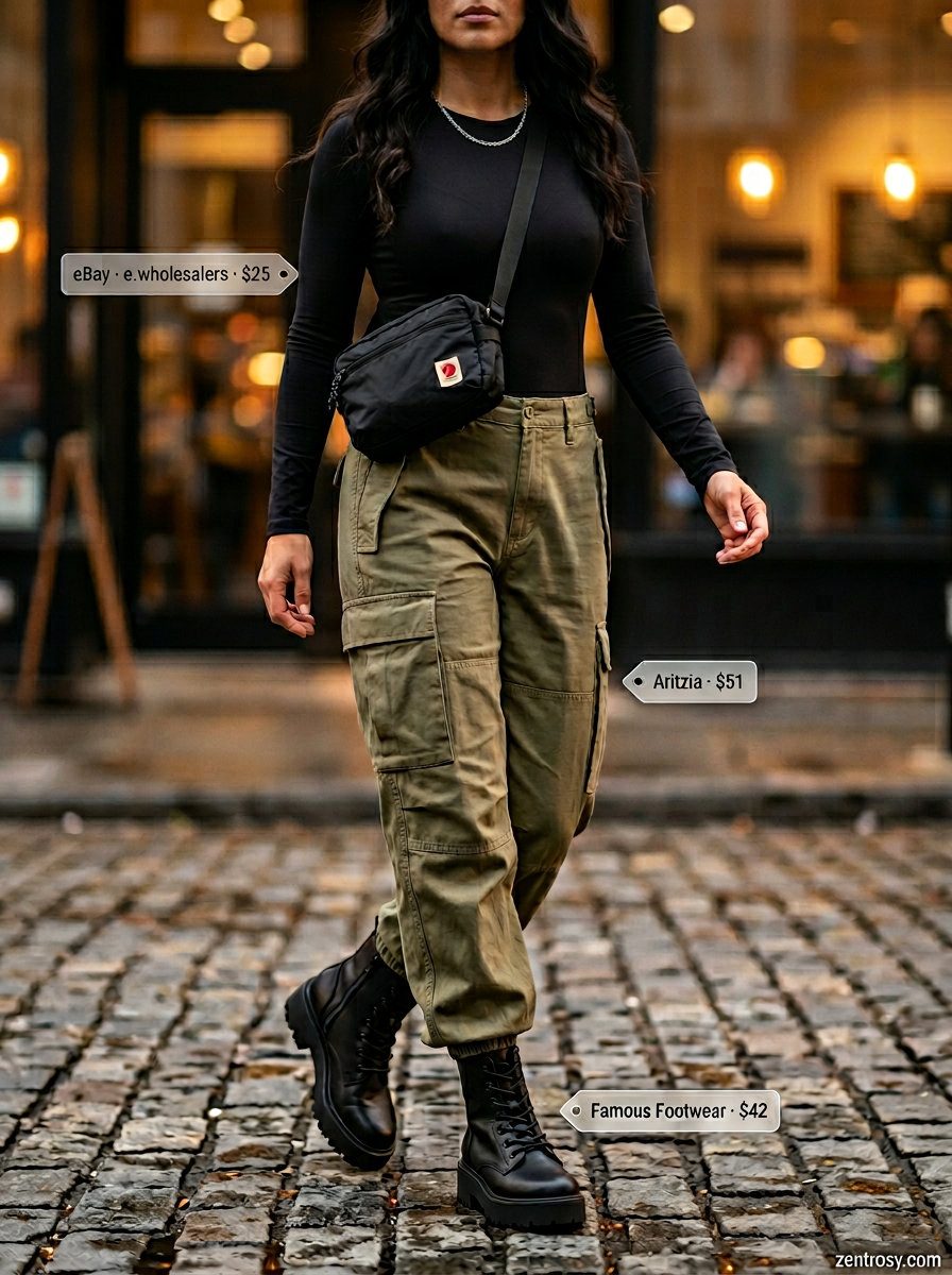 Urban Bodysuit Outfit 2026: Edgy Street Style Urban explorer outfit: black bodysuit, olive green cargo pants, silver chain, crossbody bag, combat boots. What to wear with bodysuit summer 2026.