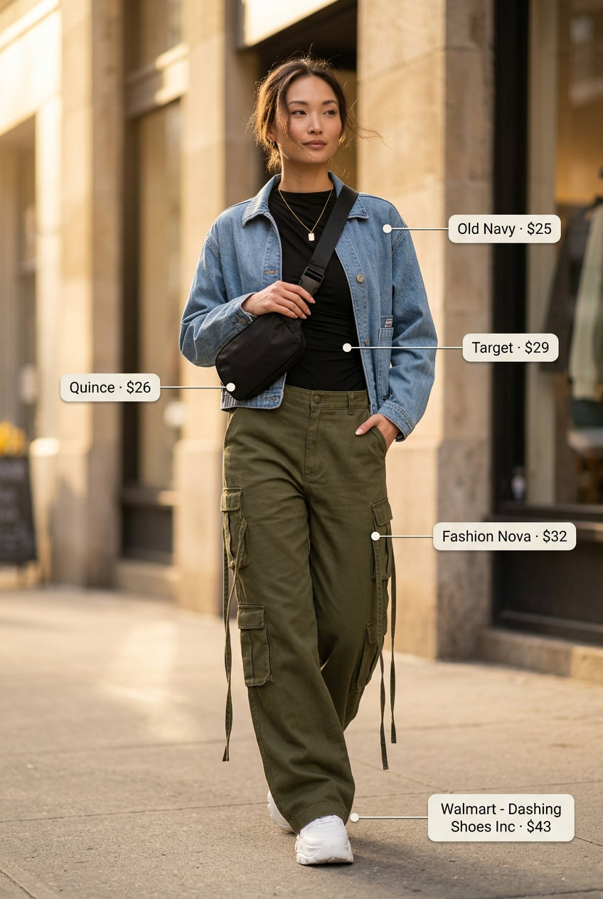 Urban Explorer Bodysuit Outfit 2026 Edgy olive cargo pants, denim jacket & platform sneakers. What to wear with bodysuit summer 2026.