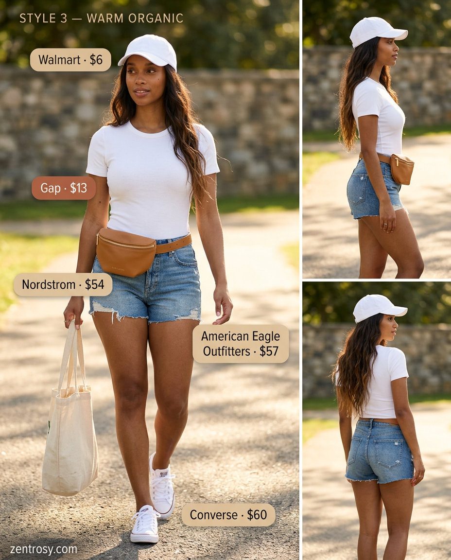 Casual Bodysuit Outfit 2026: Weekend Vibes Weekend casual outfit: white bodysuit, denim shorts, tan belt bag, white sneakers, baseball cap. What to wear with bodysuit summer 2026.