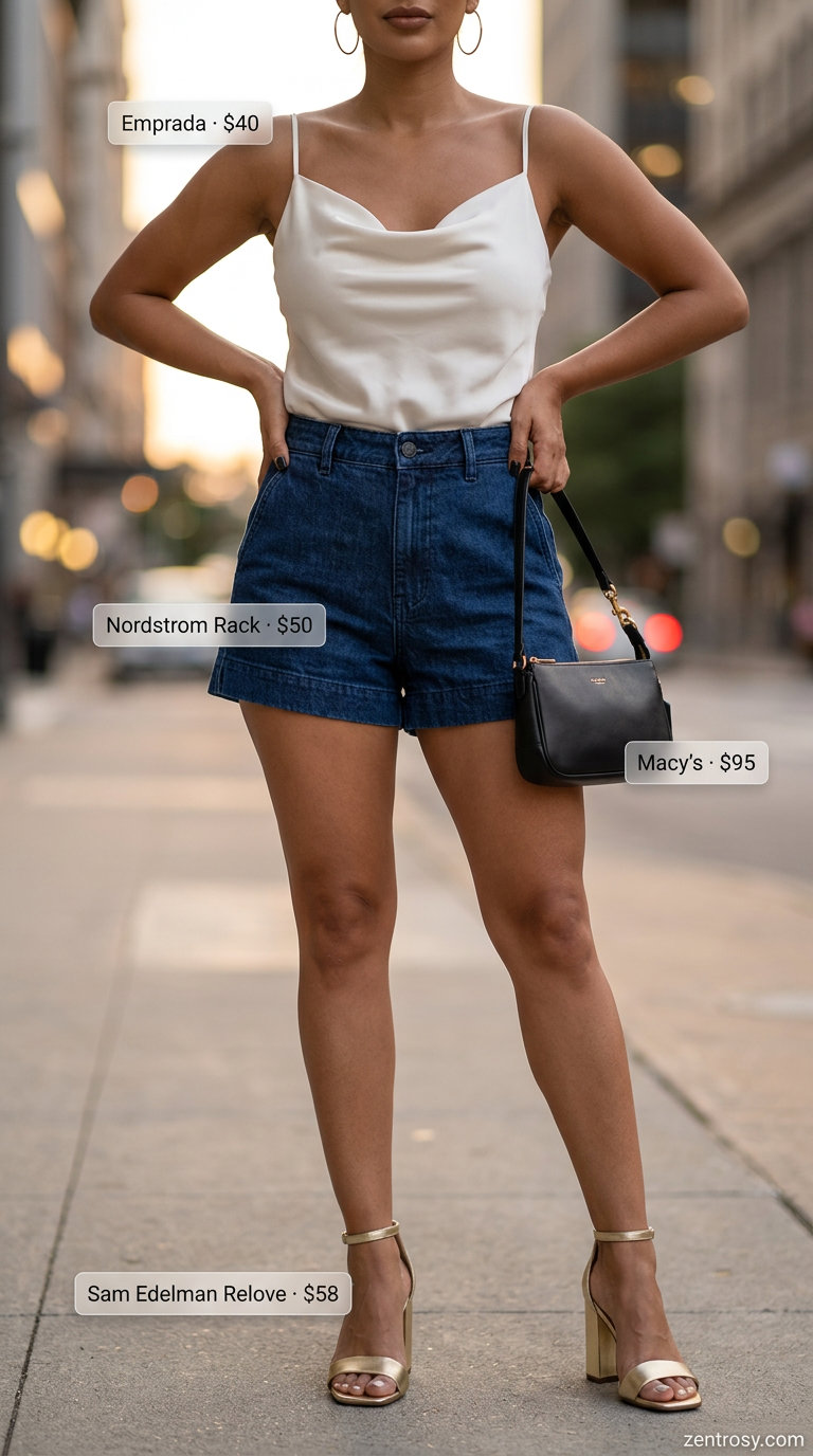 What to Wear with Denim Shorts Summer 2026: Black denim shorts, ivory camisole, gold sandals for chic evening.