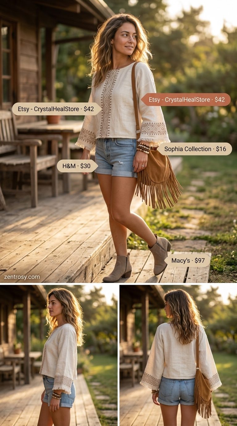 What to Wear with Denim Shorts Summer 2026: Boho peasant blouse, denim shorts, suede boots for festival style.