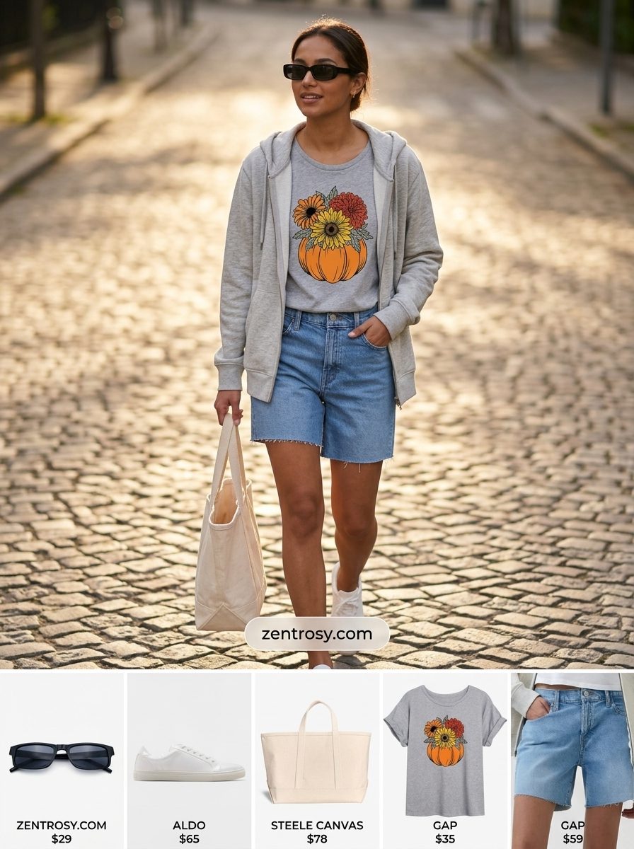 Casual comfort denim outfit: Medium wash shorts, grey graphic tee, white sneakers, canvas tote, black sunglasses. What to wear with denim shorts summer 2026.