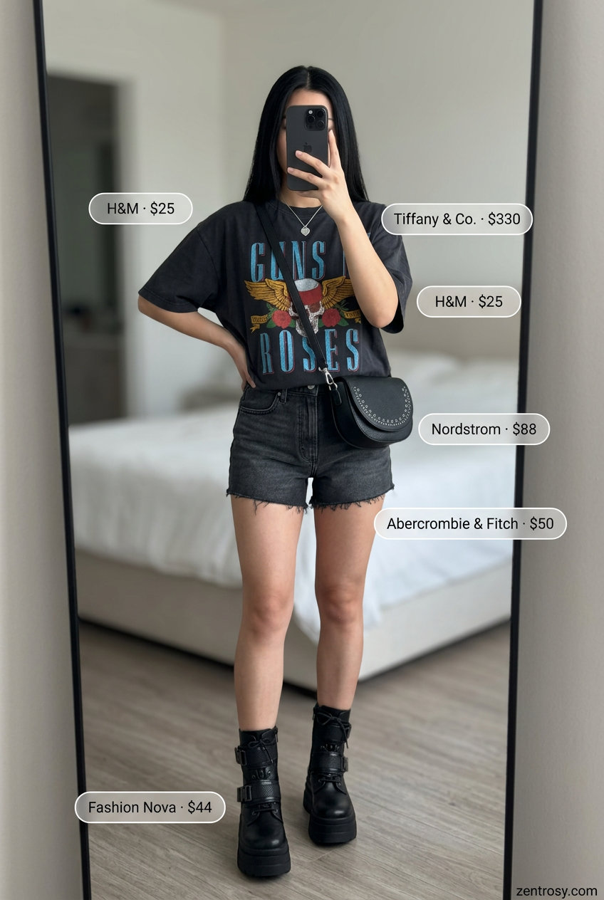Festival ready outfit: Distressed black denim shorts, oversized graphic tee, combat boots, silver chain. What to wear with denim shorts summer 2026.