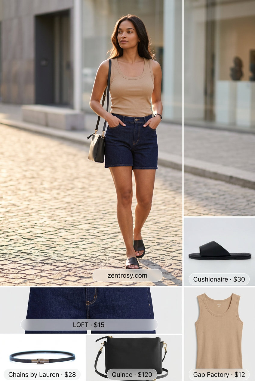 Minimalist summer denim outfit: Dark wash tailored shorts, ribbed knit tank, black slides, black crossbody bag. What to wear with denim shorts summer 2026.