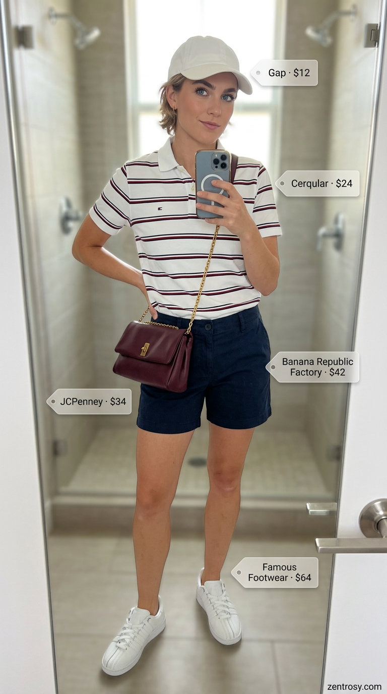 What to Wear with Denim Shorts Summer 2026: Preppy polo shirt, navy shorts, white cap for poolside style.