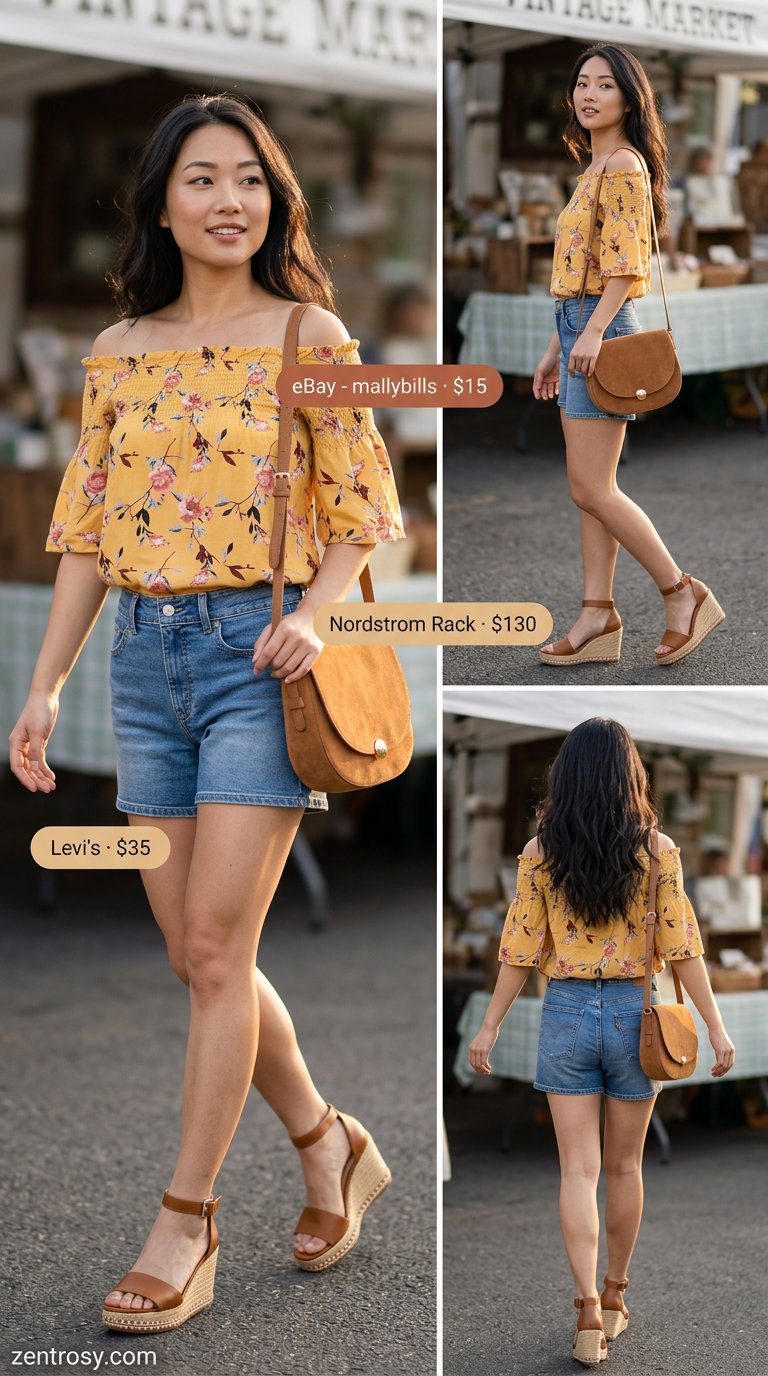 What to Wear with Denim Shorts Summer 2026: Retro blouse, flared denim shorts, espadrilles for vintage style.