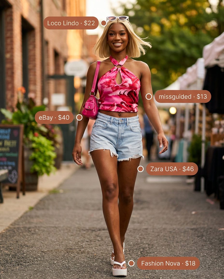 What to Wear with Denim Shorts Summer 2026: Floral halter top, denim shorts, platform sandals for retro vibes.