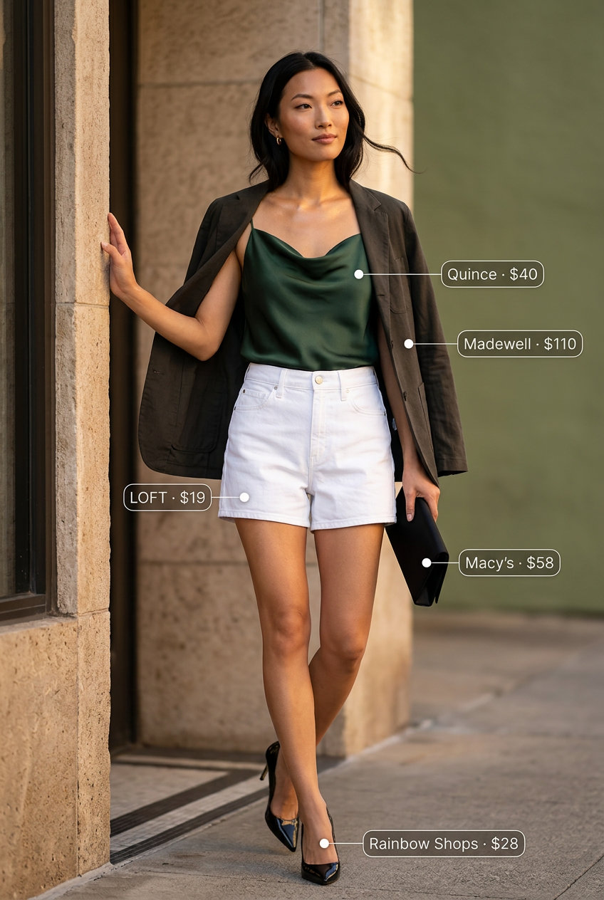 Sunset cruise chic outfit: White tailored denim shorts, champagne camisole, black blazer, black heels, and clutch. What to wear with denim shorts summer 2026.