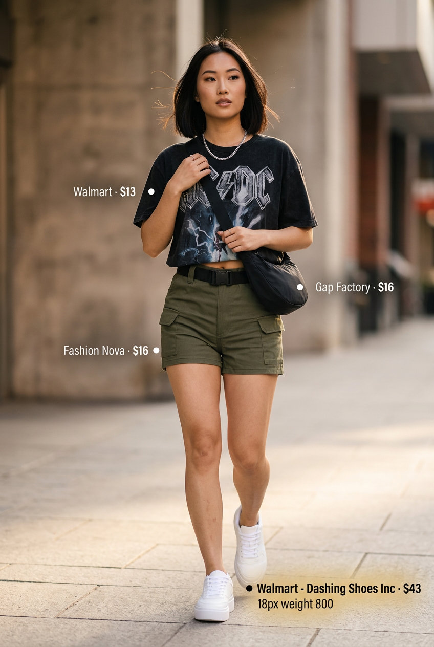 What to Wear with Denim Shorts Summer 2026: Cargo shorts, graphic tee, chunky sneakers for urban explorer style.