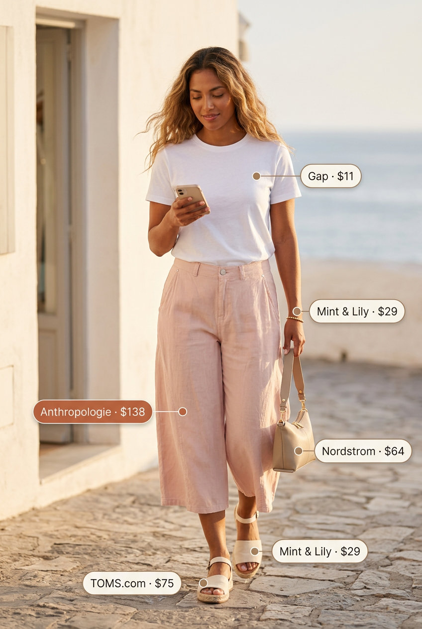 Blush Pink Linen Culottes 2026 Blush pink linen culottes with white tee & espadrilles. What to wear with linen pants summer 2026.