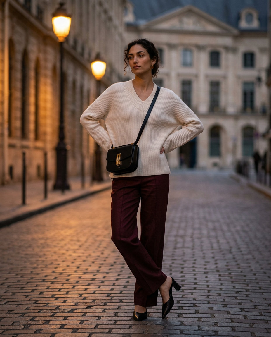 Burgundy Linen Pants Outfit Summer 2026 Burgundy linen pants with cream sweater outfit for cool summer evening 2026.