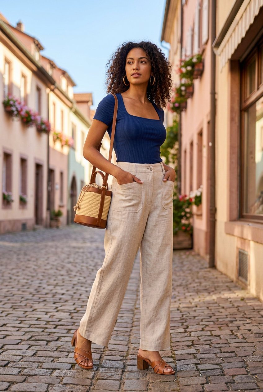 Cream Linen Skirt Ensemble 2026 Cream linen midi skirt with navy top & mules. What to wear with linen pants summer 2026.
