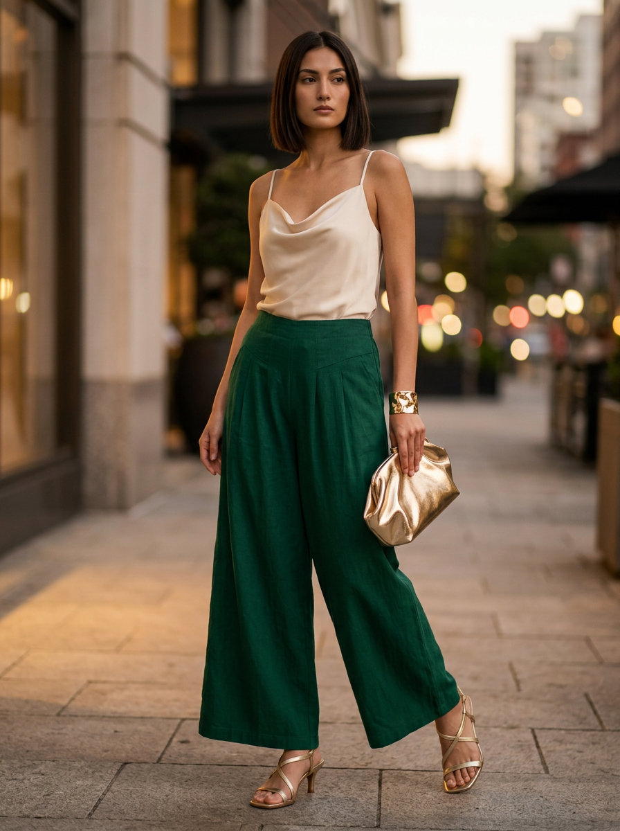 Elegant Linen Palazzo Pants Summer 2026 Emerald green linen palazzo pants with satin camisole outfit for summer 2026 evening event.