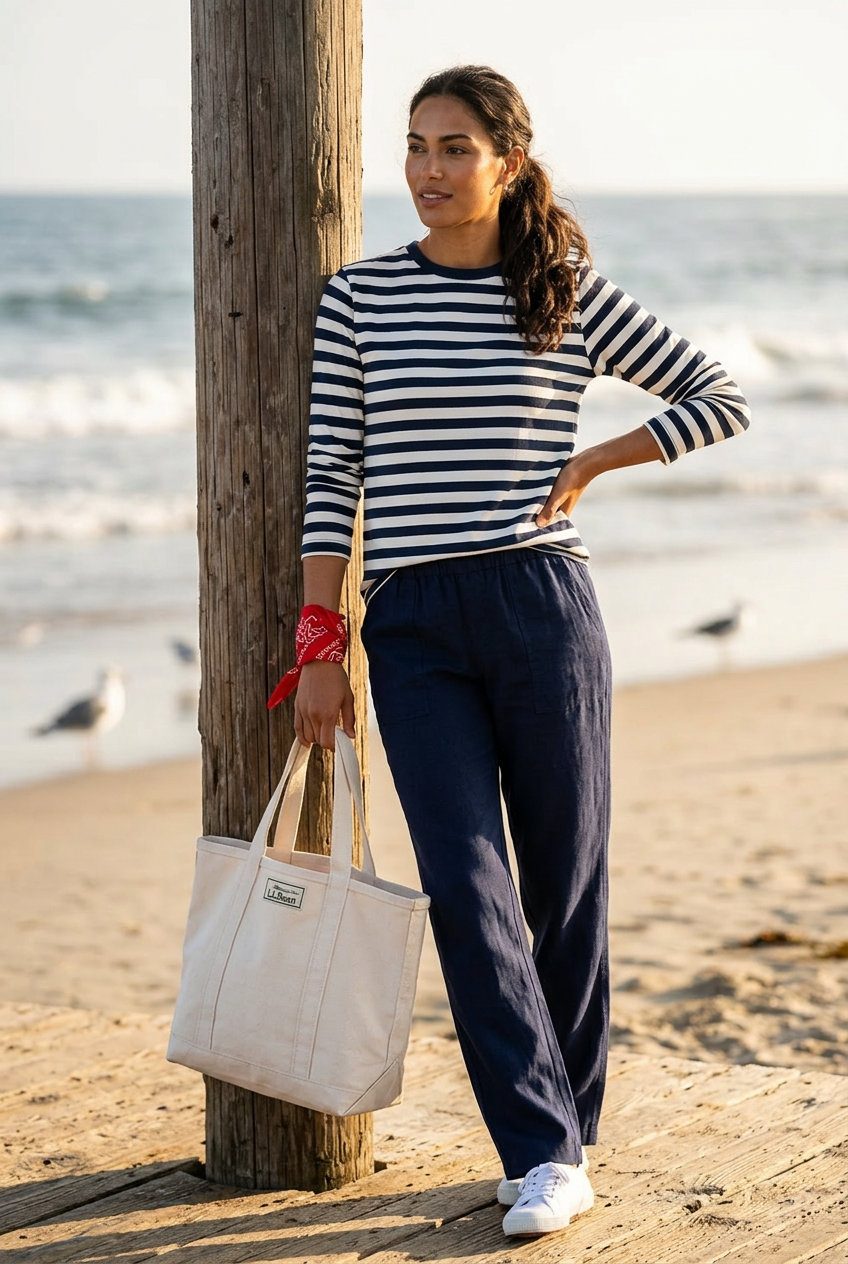 Navy Linen Pants & Stripes Outfit 2026 Navy linen pants with striped tee & sneakers. What to wear with linen pants summer 2026.
