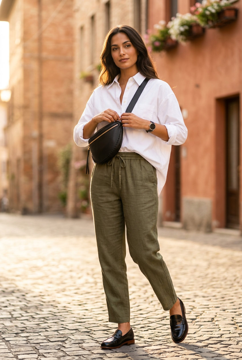 Olive Green Linen Pants Outfit 2026 Olive green linen pants with white shirt & loafers. What to wear with linen pants summer 2026.