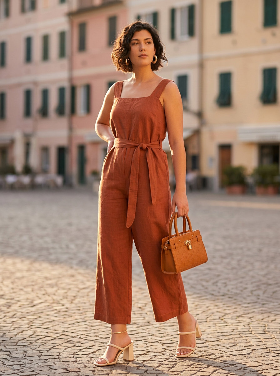 Linen Jumpsuit for Summer Evenings 2026 Terracotta linen wide-leg jumpsuit outfit for summer 2026 evening out or dinner.