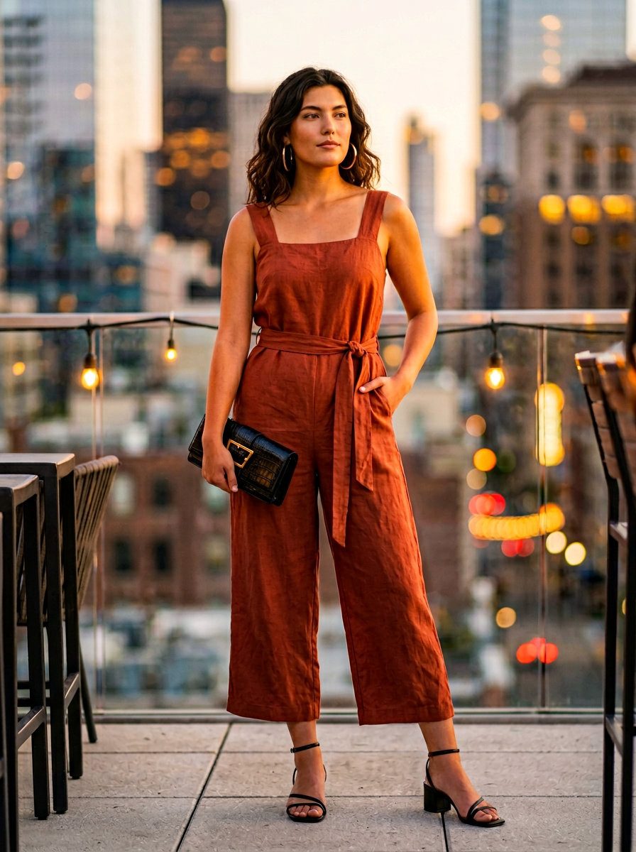 Terracotta Linen Jumpsuit Summer 2026 Terracotta linen utility jumpsuit outfit for summer 2026 dinner date or evening out.