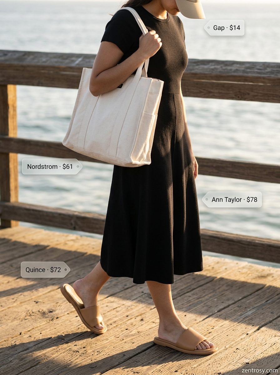 What to Wear with Midi Dress Summer 2026: Beige midi dress, tan slides, canvas tote for casual beach errands.