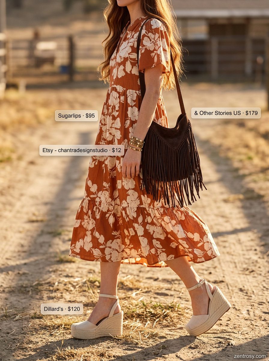 What to Wear with Midi Dress Summer 2026: Boho rust orange floral midi dress with espadrille wedges and fringe hobo bag for festivals.