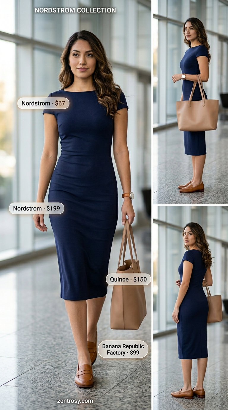 What to Wear with Midi Dress Summer 2026: Professional navy sheath midi dress with leather loafers and tote for the office.