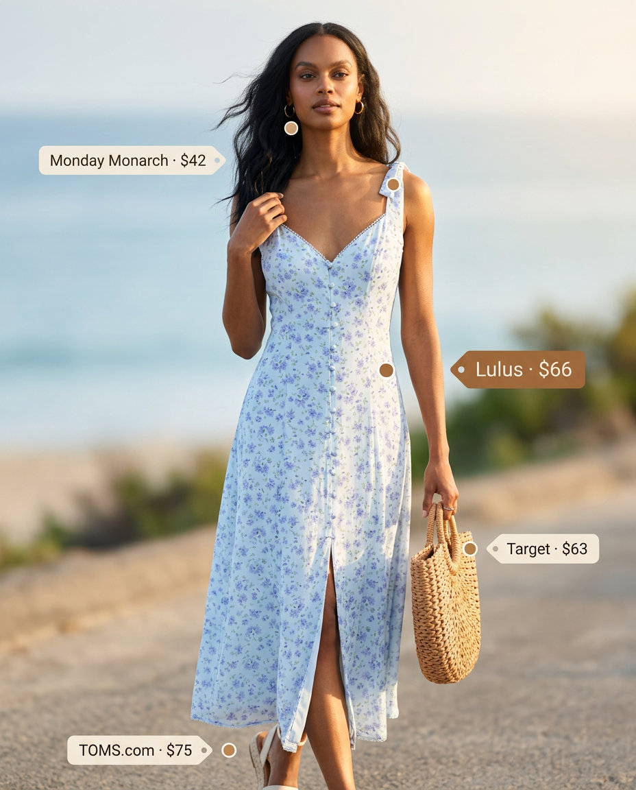 What to Wear with Midi Dress Summer 2026: Airy pastel blue floral midi wrap dress with espadrilles and straw tote for seaside brunch.