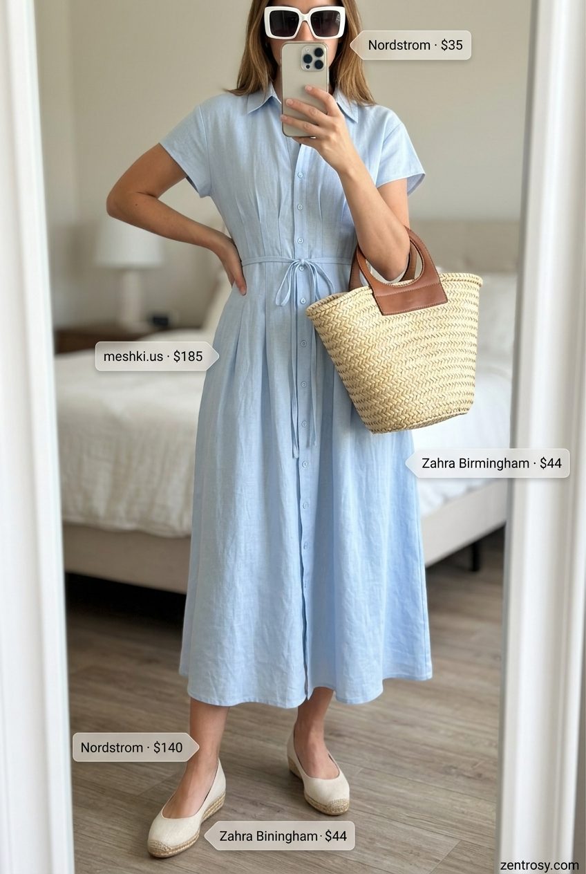 What to Wear with Midi Dress Summer 2026: Relaxed sky blue linen midi dress with espadrilles and straw tote for coastal vibes.