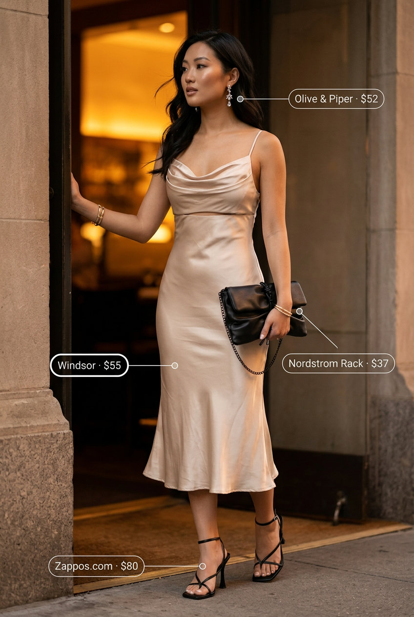 Glamorous date night midi dress outfit for summer 2026. Champagne satin slip dress, black strappy heels, statement earrings.