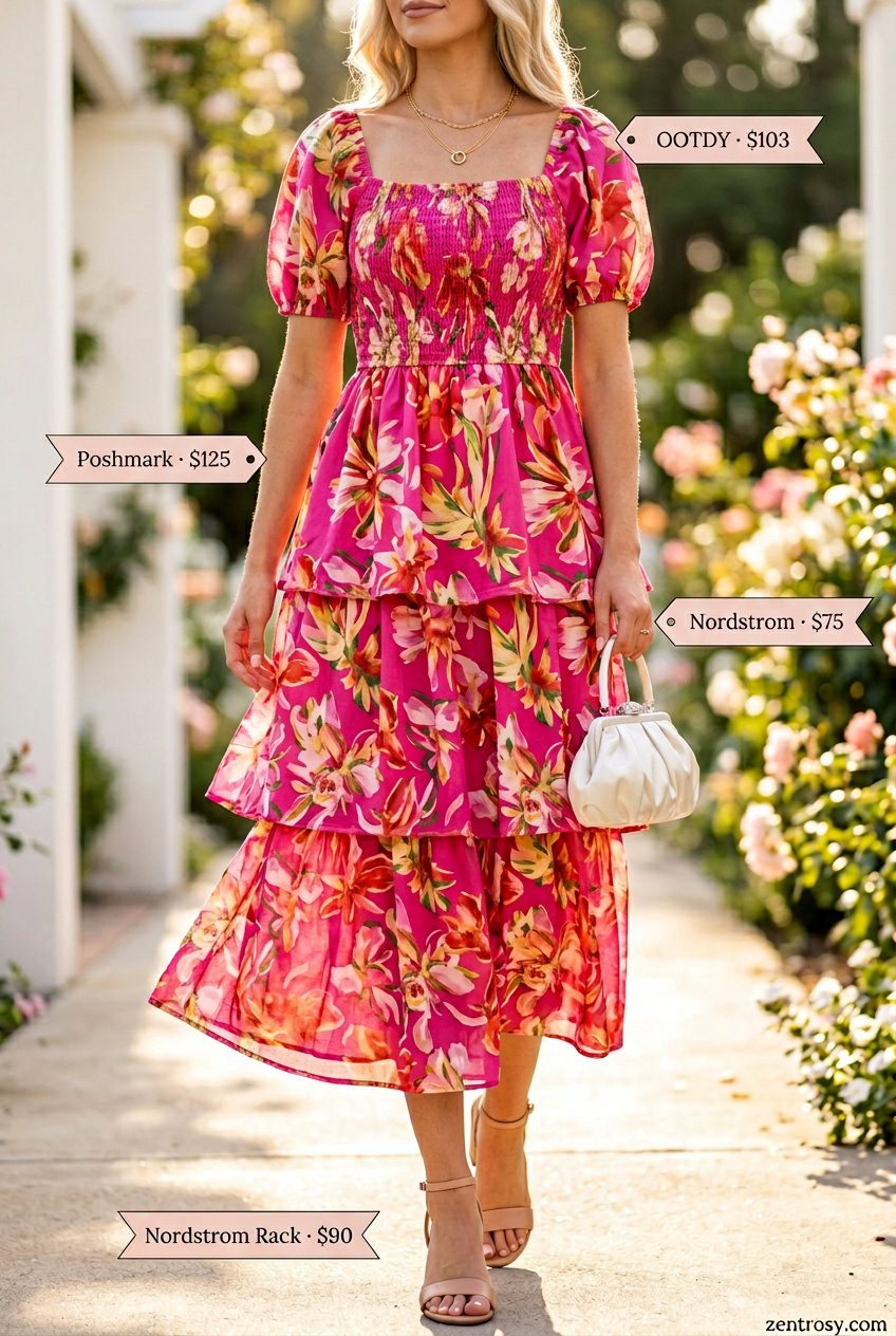 What to Wear with Midi Dress Summer 2026: Romantic floral midi dress with block heels and clutch for a garden party or wedding.