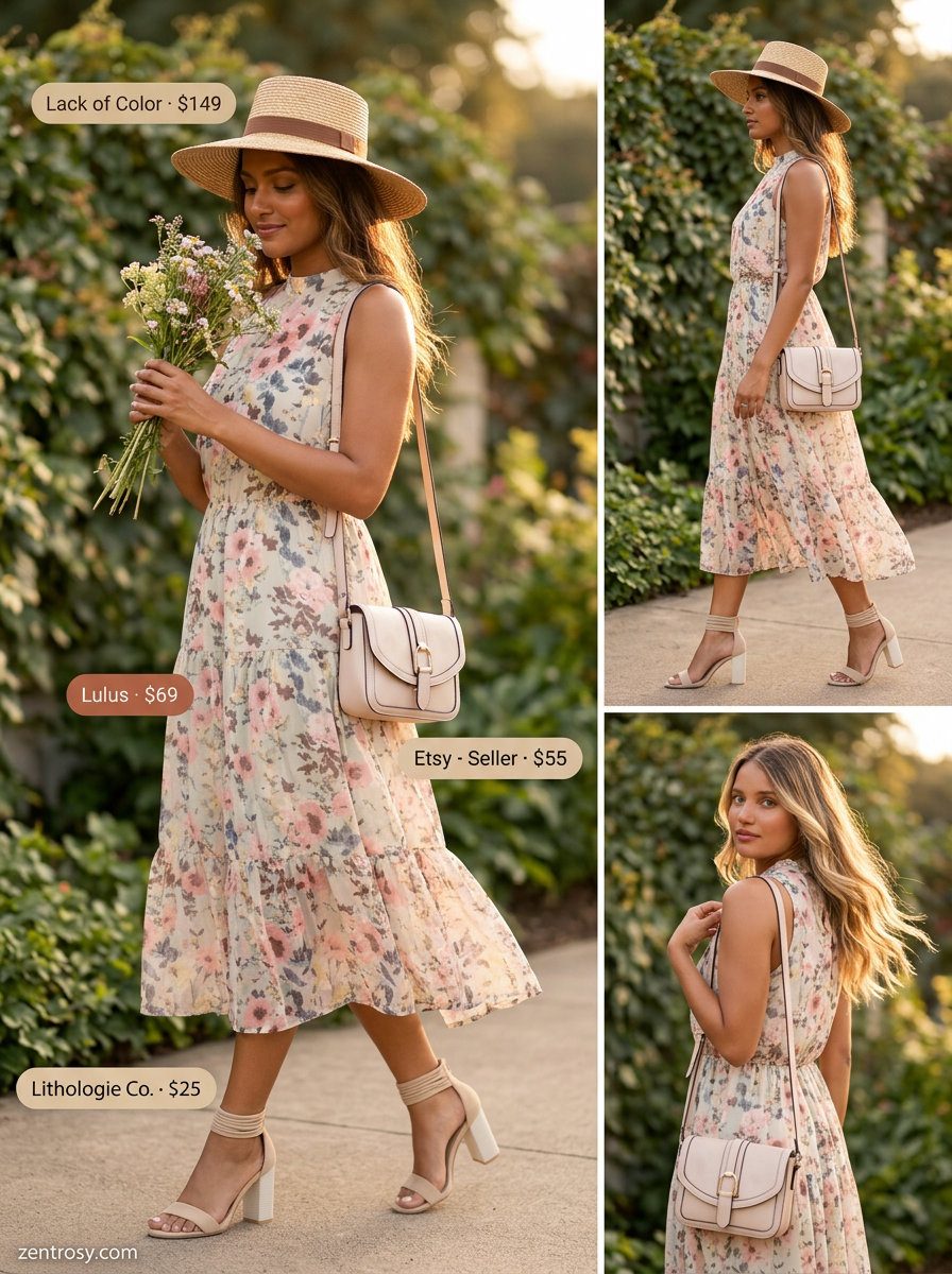 Feminine garden party midi dress outfit for summer 2026. Blush pink floral dress, cream heeled sandals, straw hat.