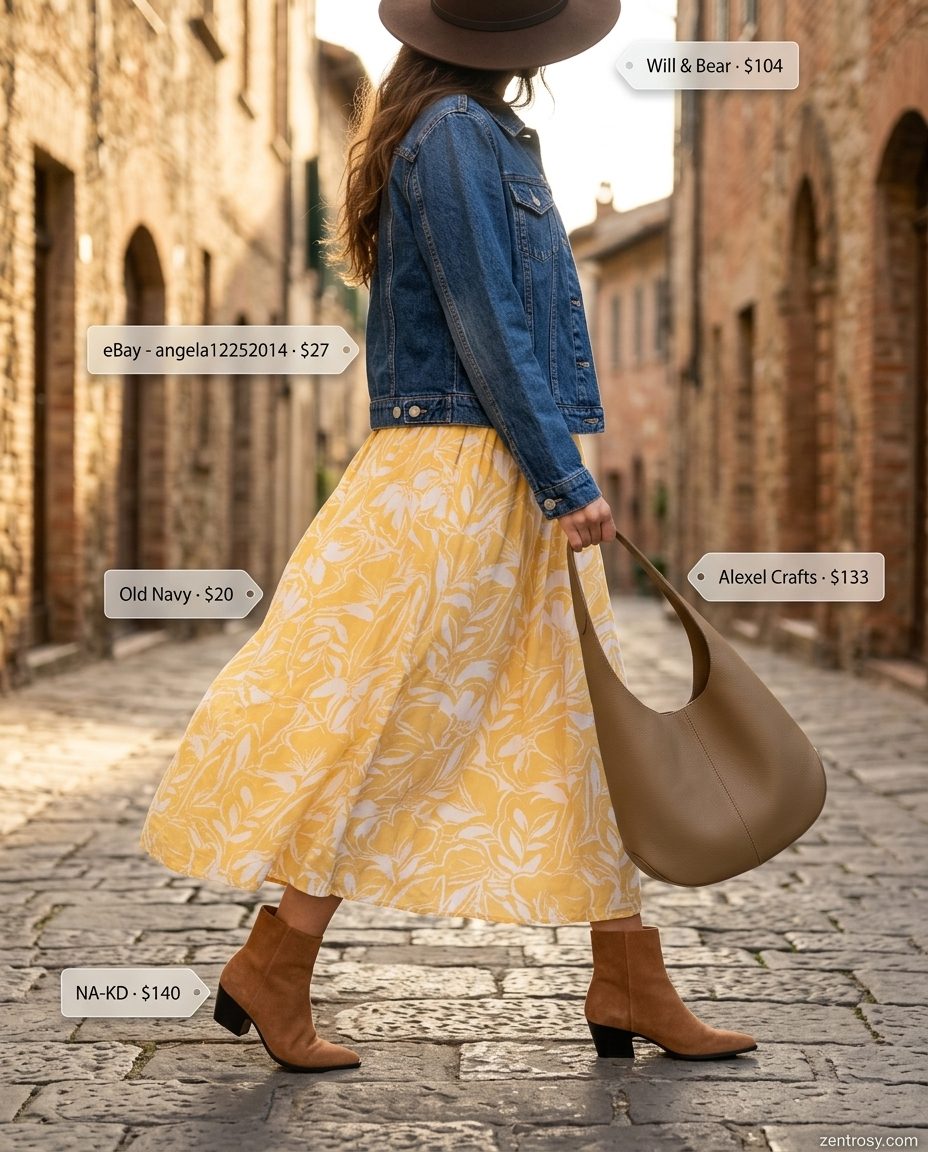 Bohemian golden hour maxi dress outfit for summer 2026. Mustard yellow dress, denim jacket, suede ankle boots, wide-brimmed hat.