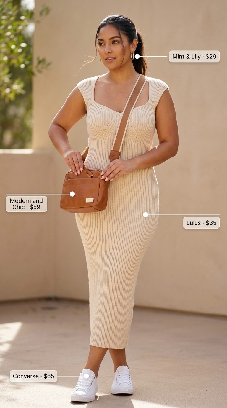 Modern minimalist midi dress outfit for summer 2026. Beige ribbed dress, white sneakers, tan crossbody bag, gold hoops.