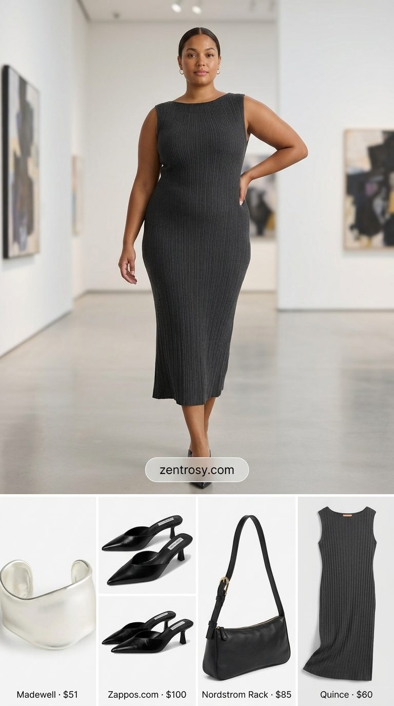 Monochrome minimalist midi dress outfit for business casual summer 2026. Charcoal grey knit dress, black mules, silver cuff.