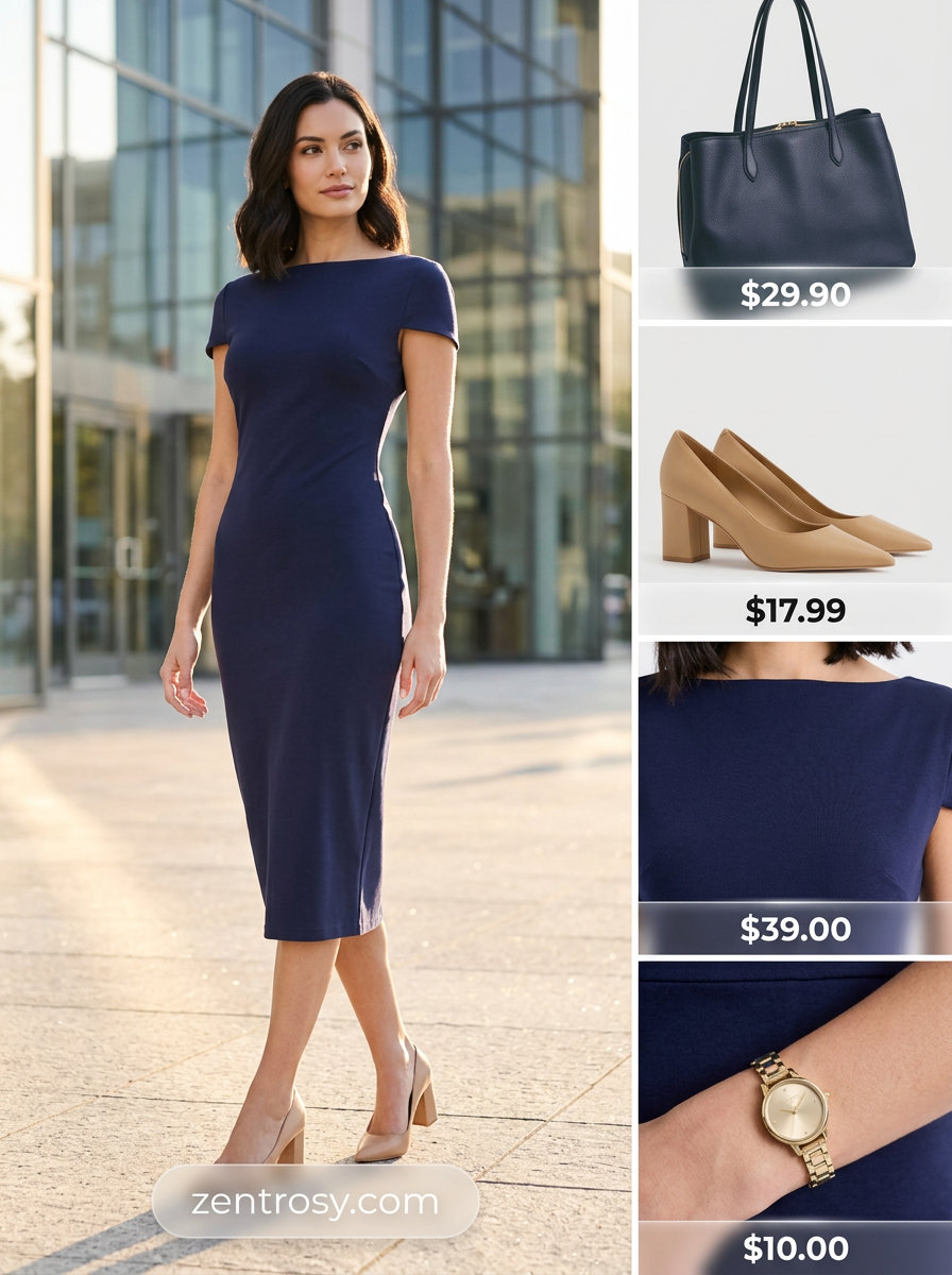 What to Wear with Midi Dress Summer 2026: Navy sheath dress, nude pumps, gold watch for professional office look.