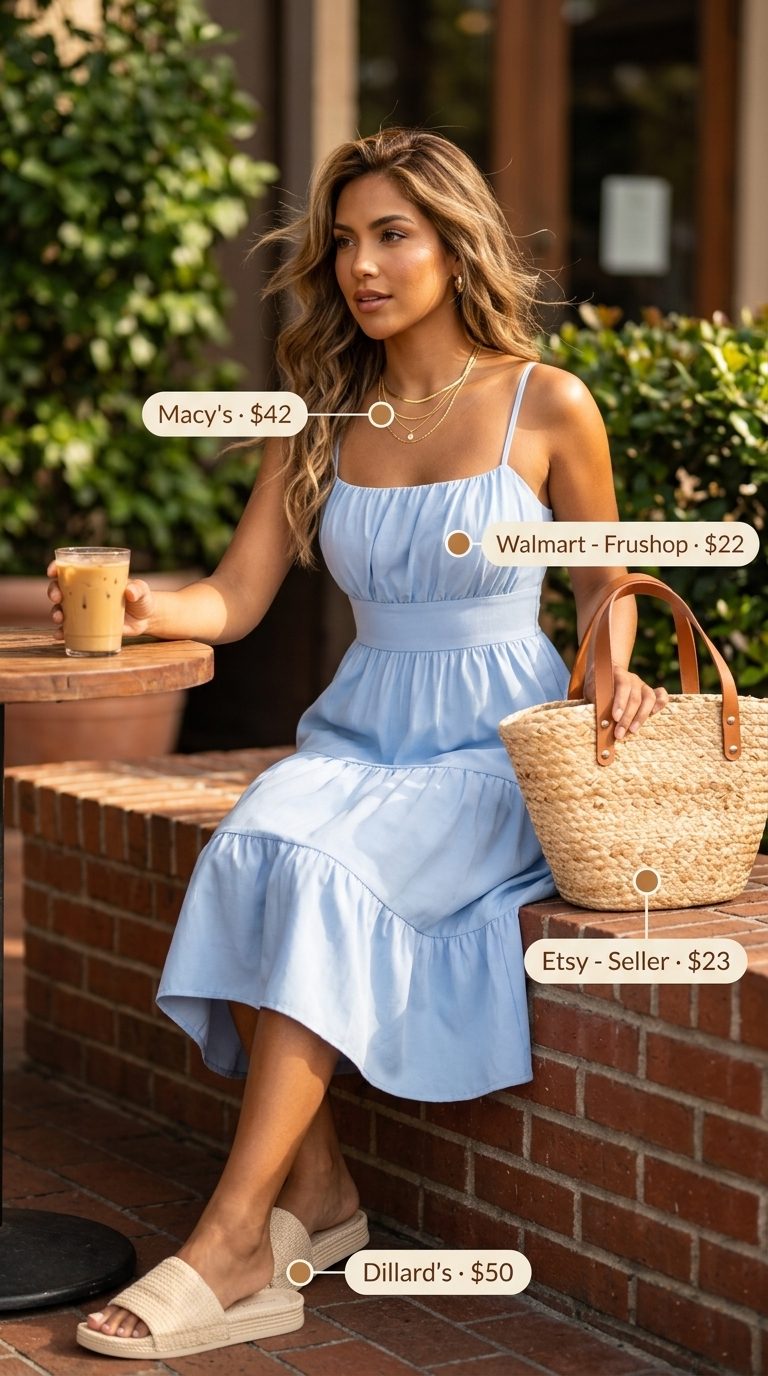 What to Wear with Midi Dress Summer 2026: Sky blue midi dress, raffia slides, layered gold necklaces for beach day.