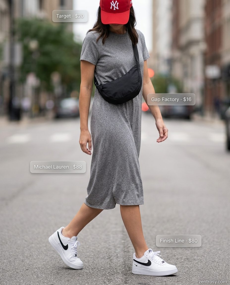 Sporty chic midi t-shirt dress outfit for summer 2026. Grey dress, white sneakers, black crossbody bag, red baseball cap.
