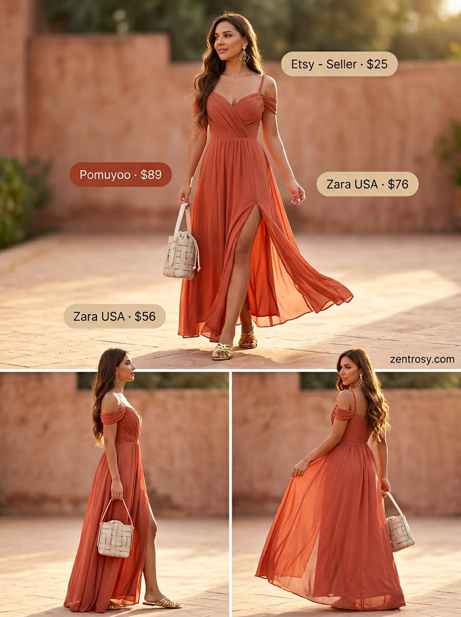 What to Wear with Midi Dress Summer 2026: Terracotta maxi dress, gold sandals, statement earrings for sunset dinner.