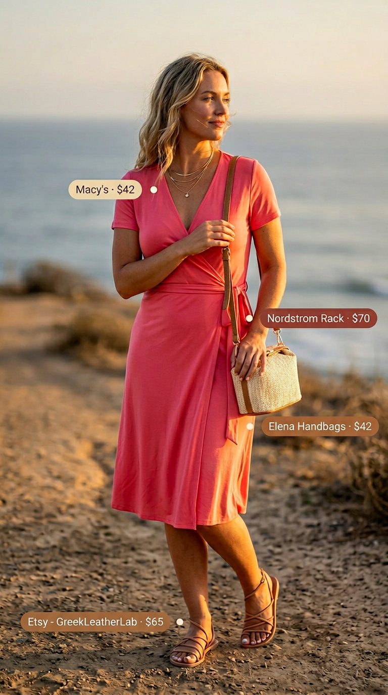 What to Wear with Midi Dress Summer 2026: Flowy coral wrap midi dress with leather sandals and woven crossbody for a warm summer day.