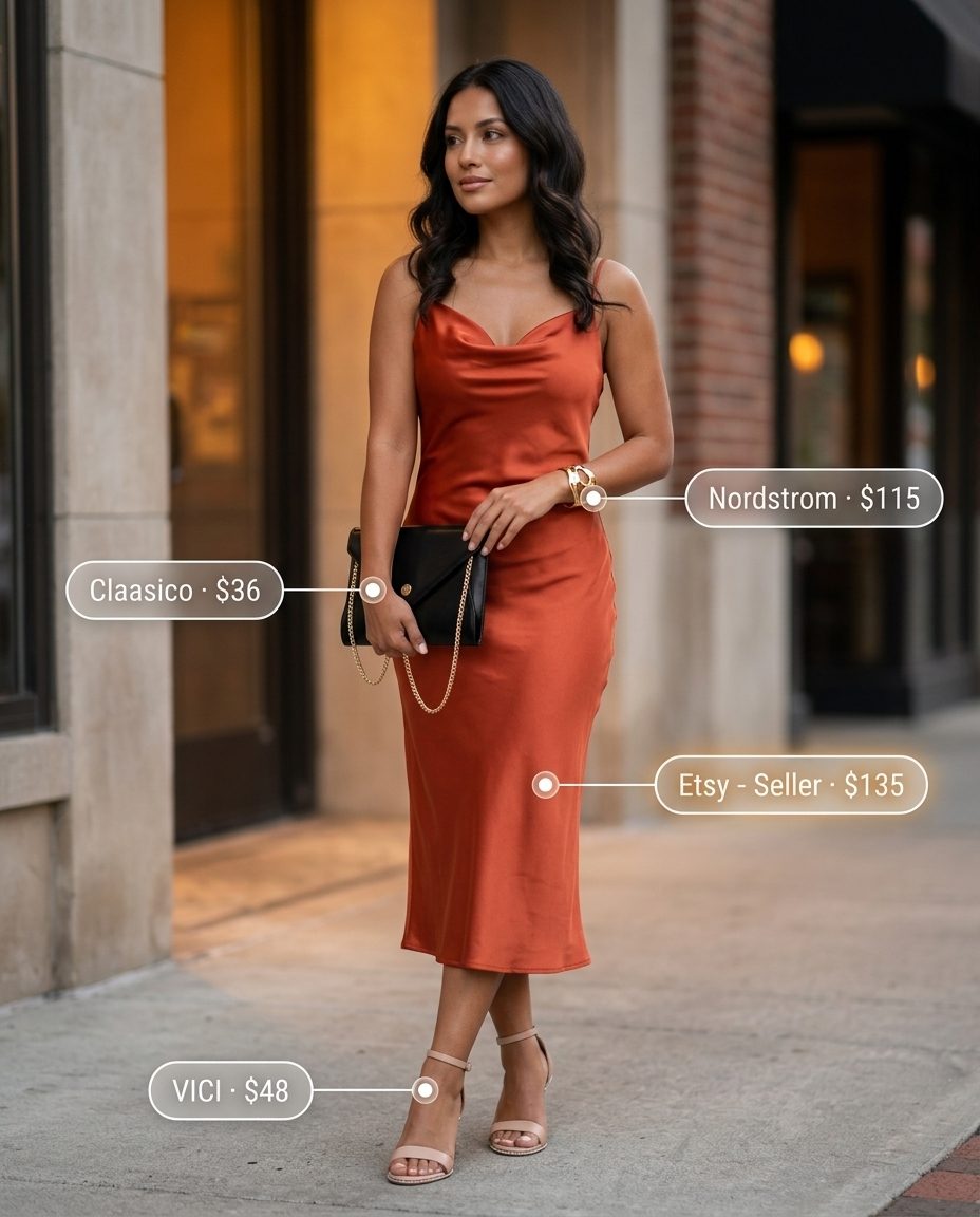 What to Wear with Midi Dress Summer 2026: Terracotta slip dress, nude heels, gold cuff for date night.