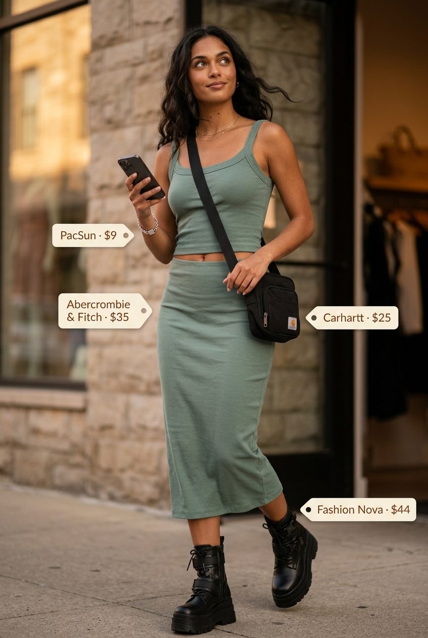Edgy urban explorer midi dress outfit for summer 2026. Olive green dress, combat boots, black crossbody bag, silver bracelet.